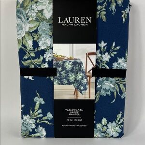 Ralph Lauren Tablecloth Navy Blue White Floral 100% Cotton 70" Round NEW